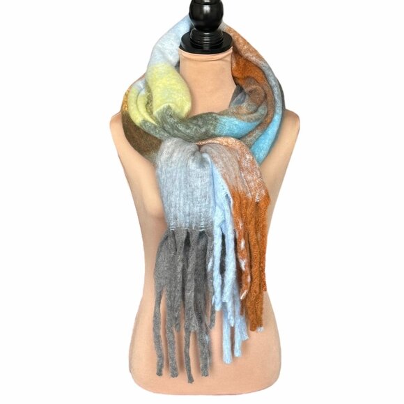 NEW Large Chunky Scarf Wool Mohair Multi Plaid Thick Fuzzy Long Fringe Winter - Picture 11 of 11